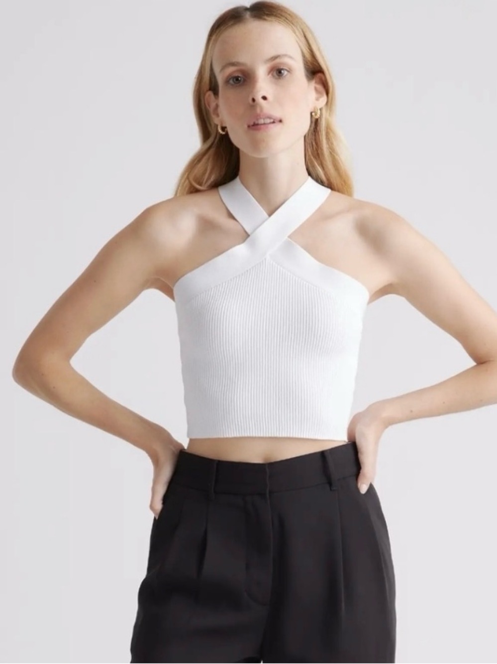 Quince White Cross-Neck halter ribbed knit crop top | size XS